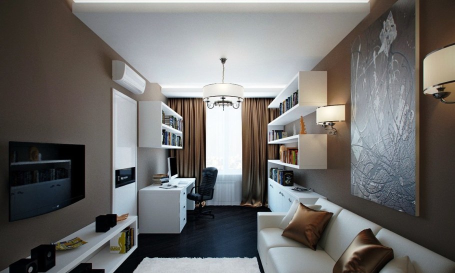 Прямоугольная гостиная с рабочим местом