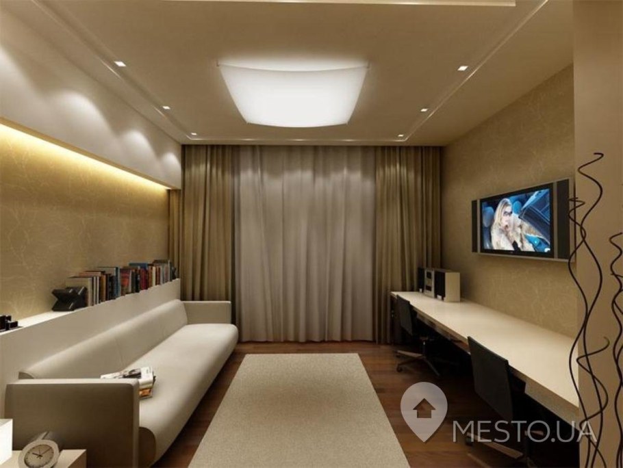 Интерьер длинной гостиной