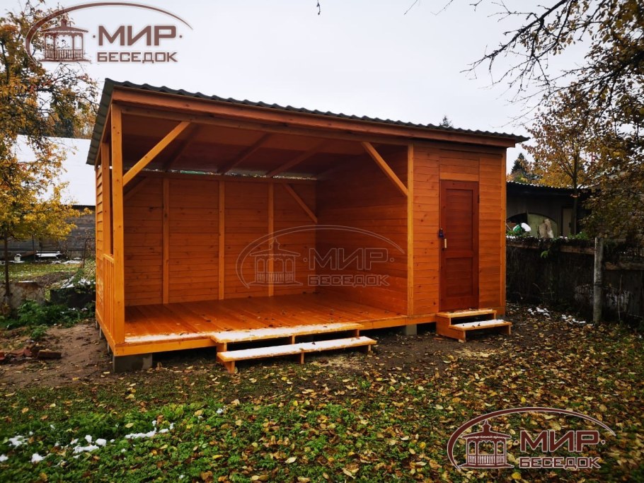 Беседка с барбекю и мангалом с односкатной крышей