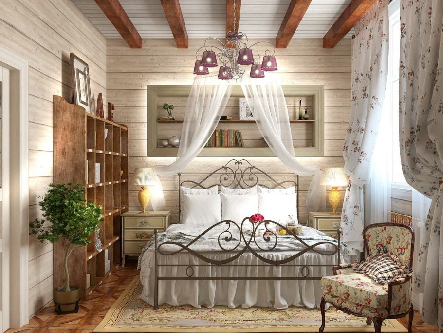 Спальни в бревенчатом доме в стиле Кантри,Прованс