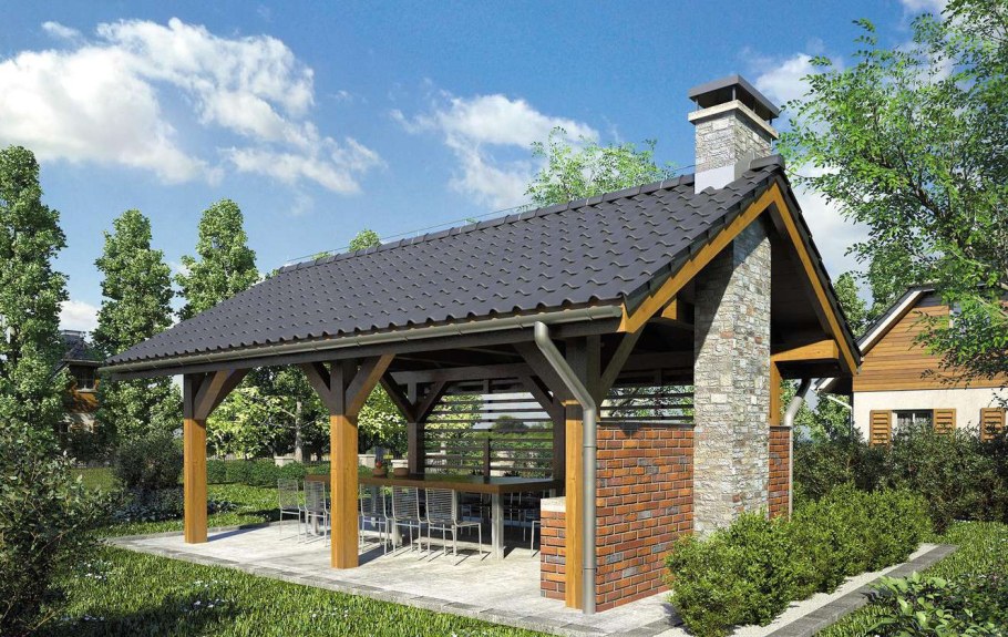 Беседка с двускатной крышей и мангалом