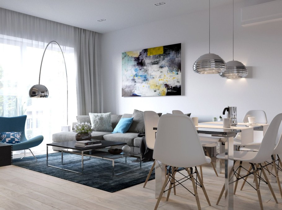 Гостиная с диваном и обеденной зоной