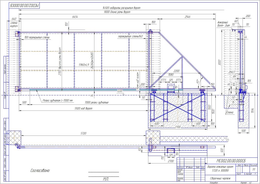 Чертёж откатных ворот проём 5м