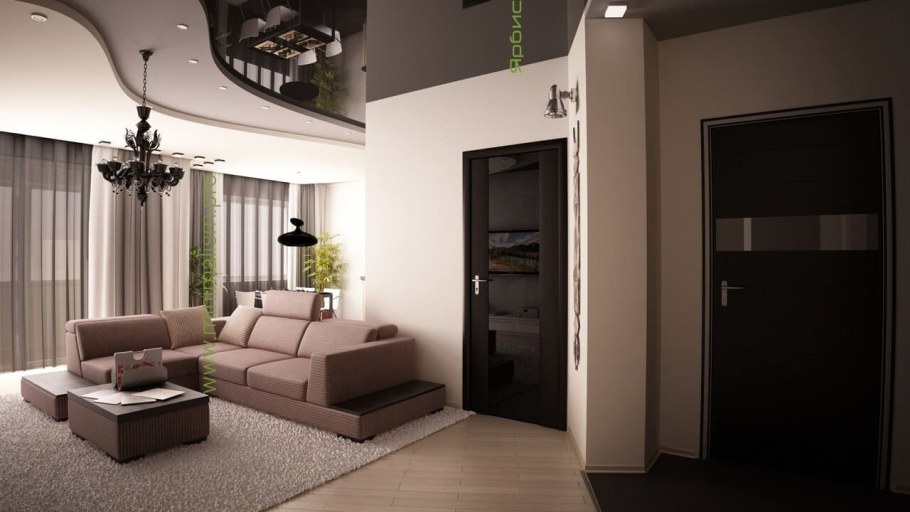 Интерьер гостиной с темными дверями