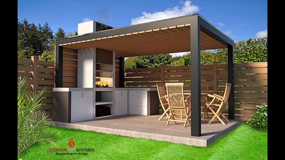 Беседка с четырехскатной крышей и мангалом