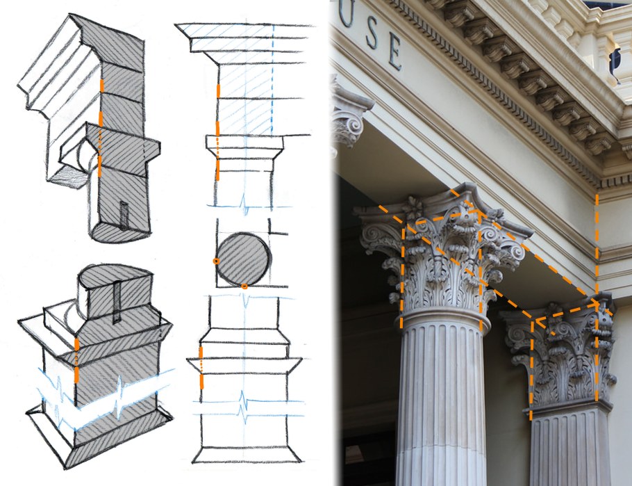 Коринфский, ионический, дорический, Тосканский ордеры.