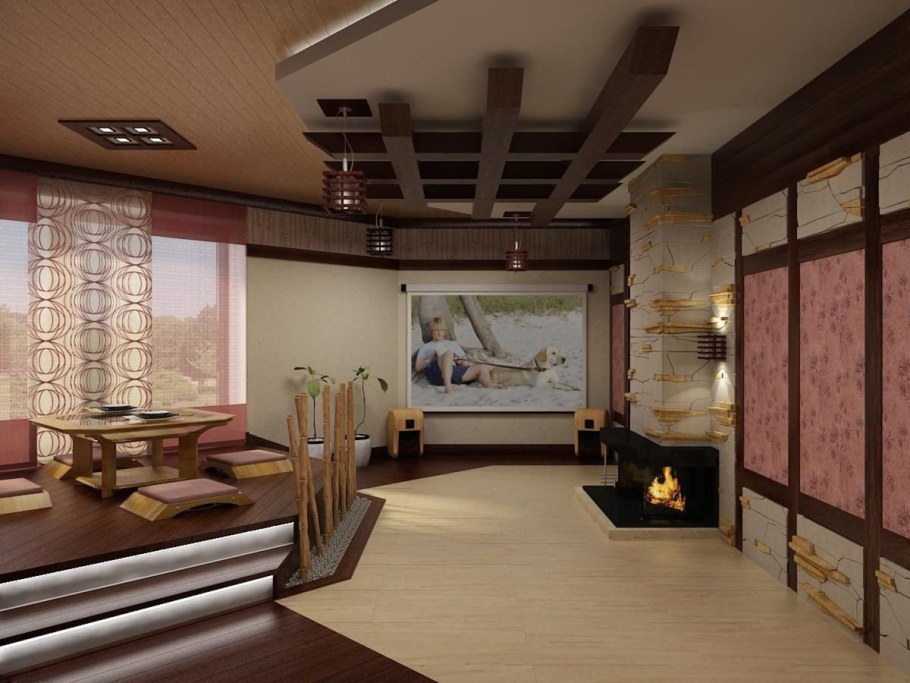 Этностиль Япония в интерьере гостиной