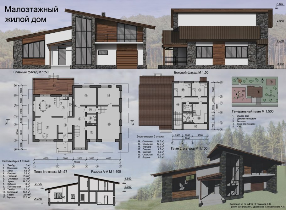План малоэтажного жилого дома план фасад разрез