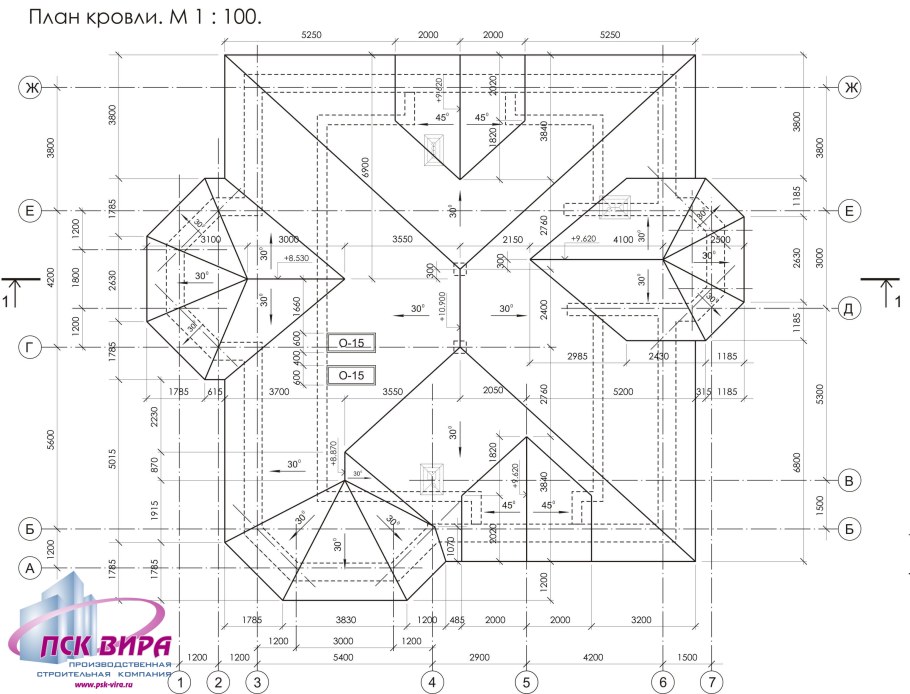 План кровли вальмовой крыши чертеж