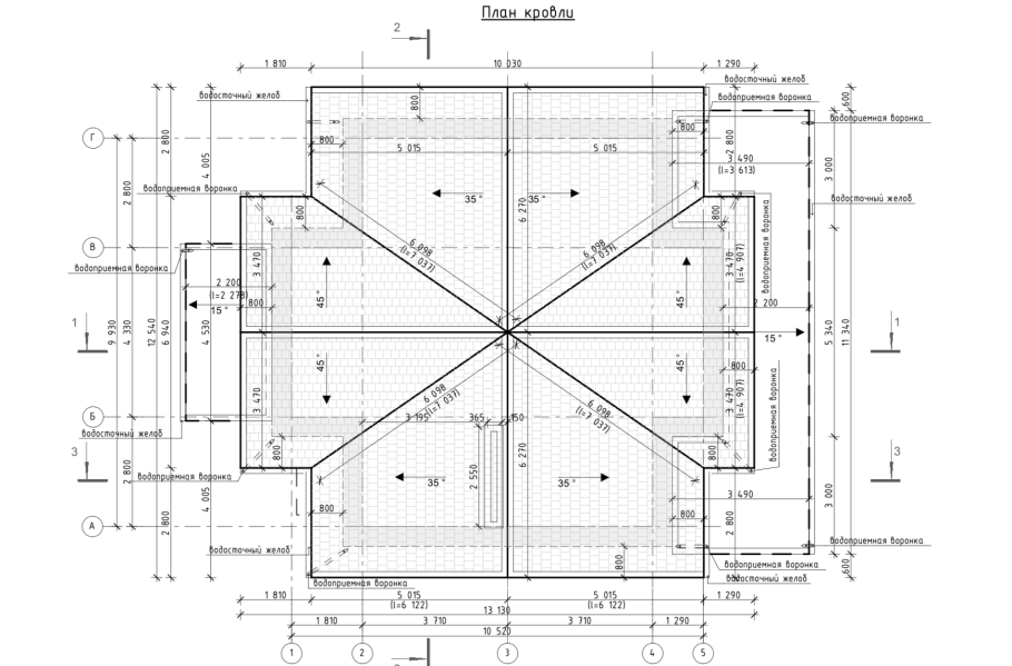 План кровли четырехскатной крыши чертеж