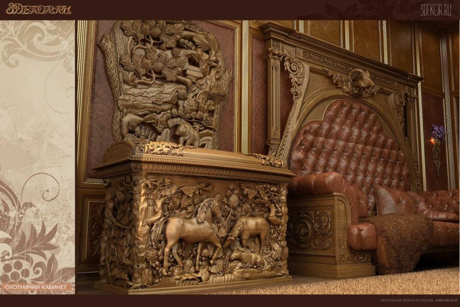 Резная мебель в охотничьем стиле кабинет