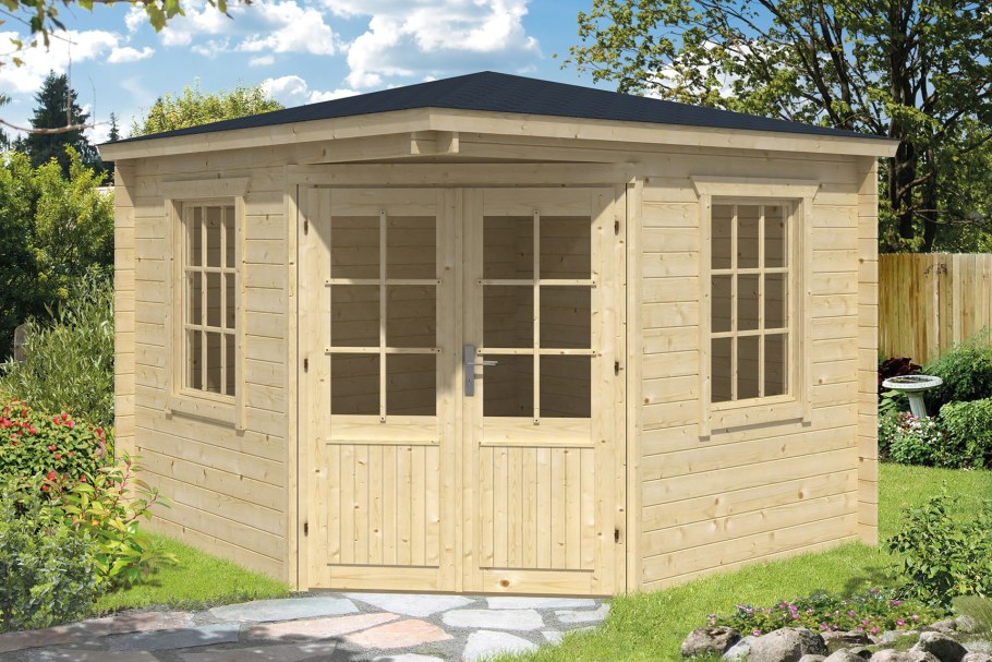 Угловой сарай для дачи