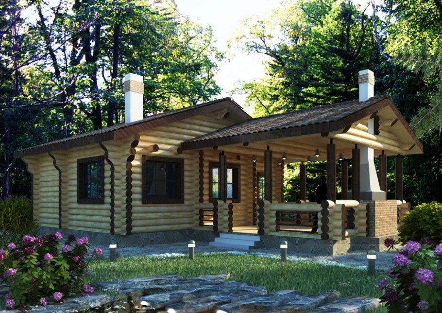 Баня из оцилиндрованного бревна с верандой и барбекю
