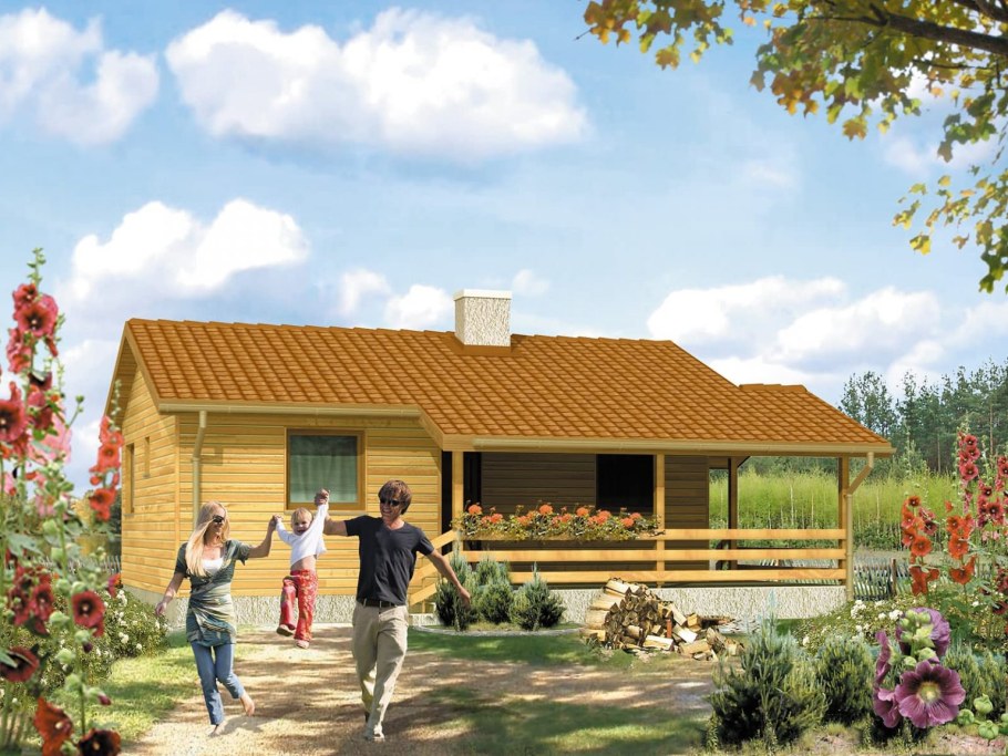 Деревянный дом одноэтажный с террасой 100кв