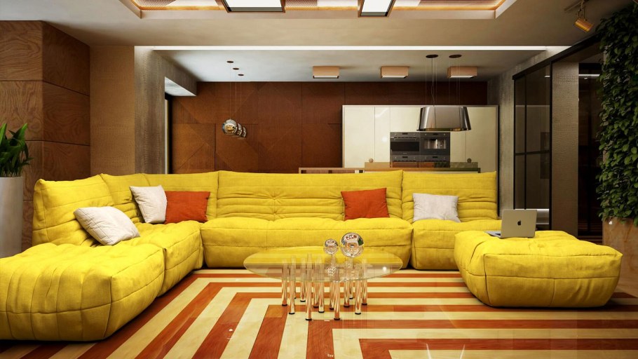 Желтый кожаный диван в интерьере