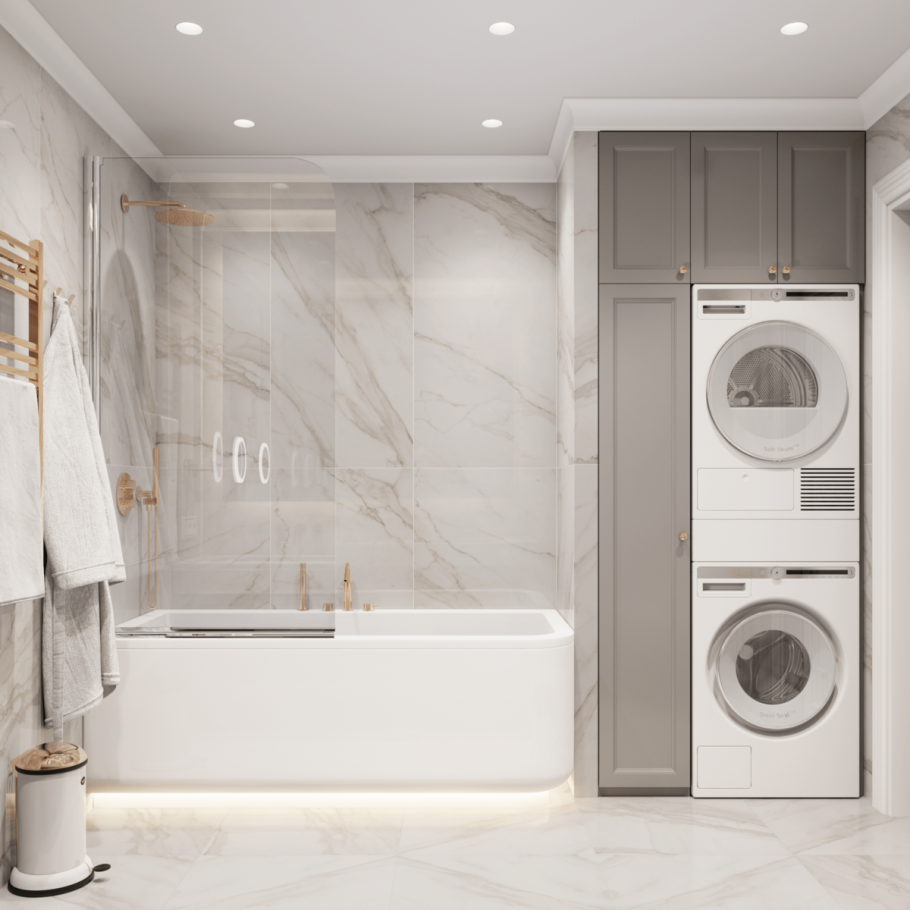 Супер интерьер ванной спрятанными стиральной машинкой