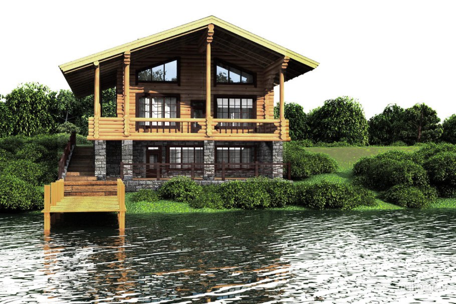 Двухэтажный дом с прудом