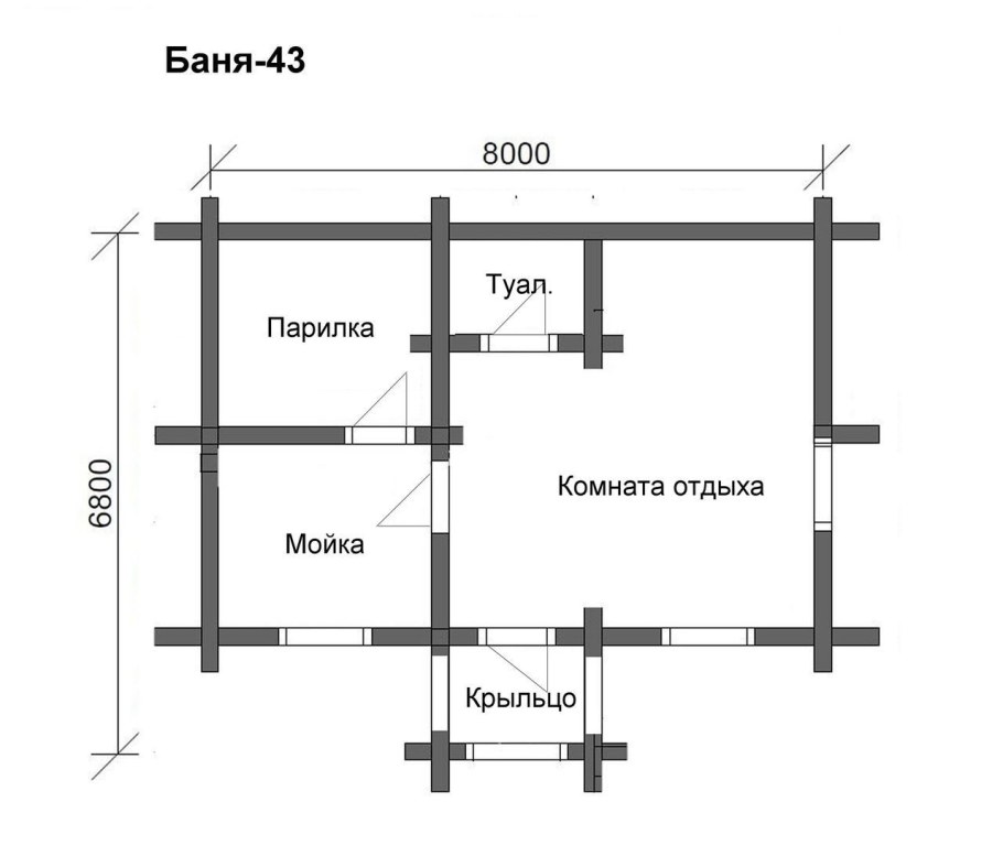 План бани с мойкой и парилкой и комнатой отдыха
