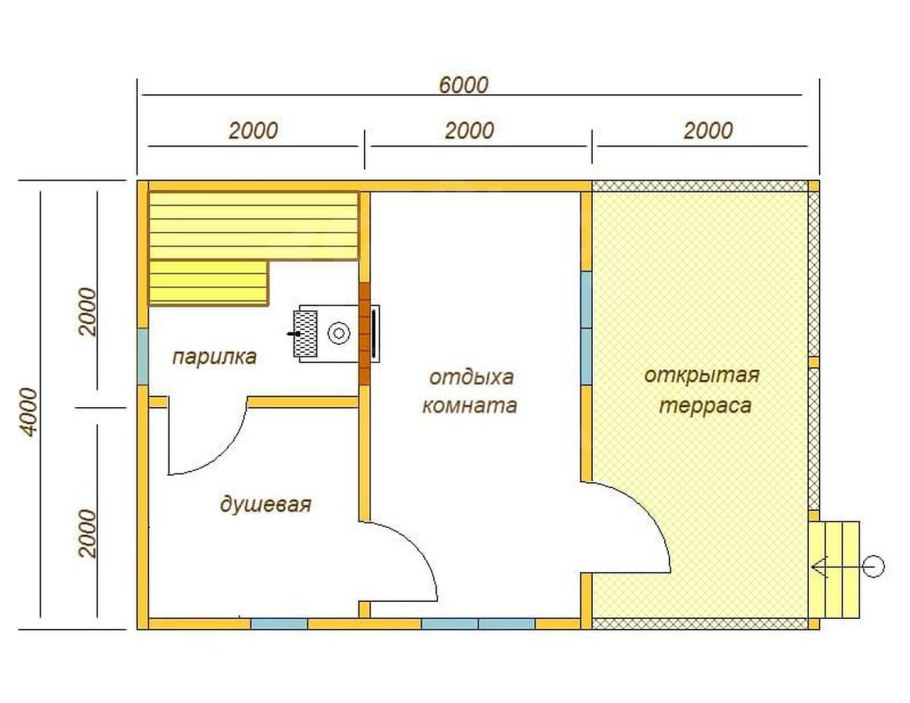 Чертёж бани с мойкой и парилкой 4 на 6