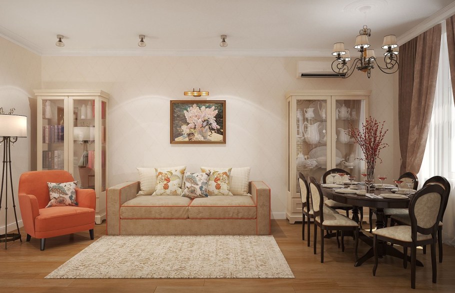 Теплый интерьер гостиной в сталинке