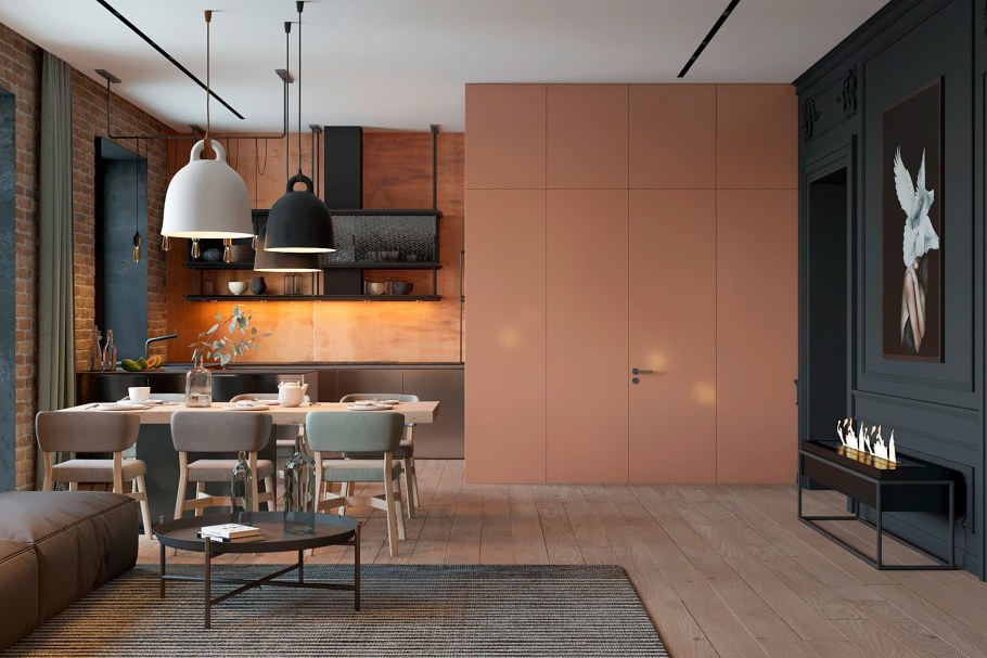 Терракотовый цвет в интерьере кухни лофт