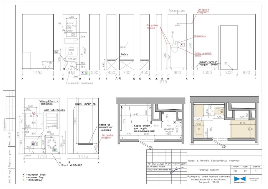 Развертка сантехнического оборудования с привязкой выпусков