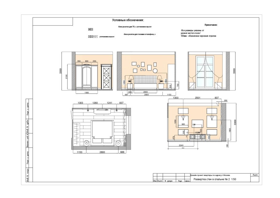 Развертка спальни с мебелью чертеж