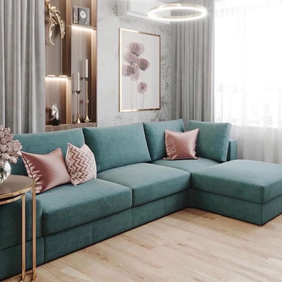 Бирюзовые обои в интерьере гостиной