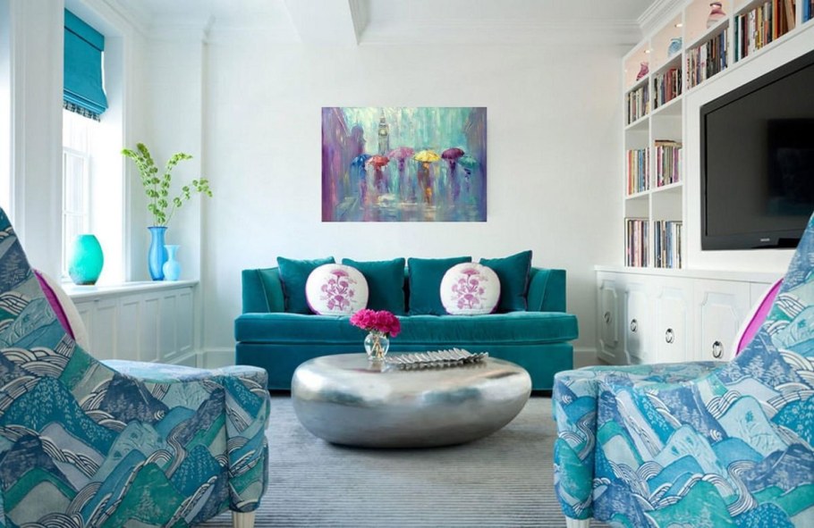 Гостиная с бирюзовым диваном