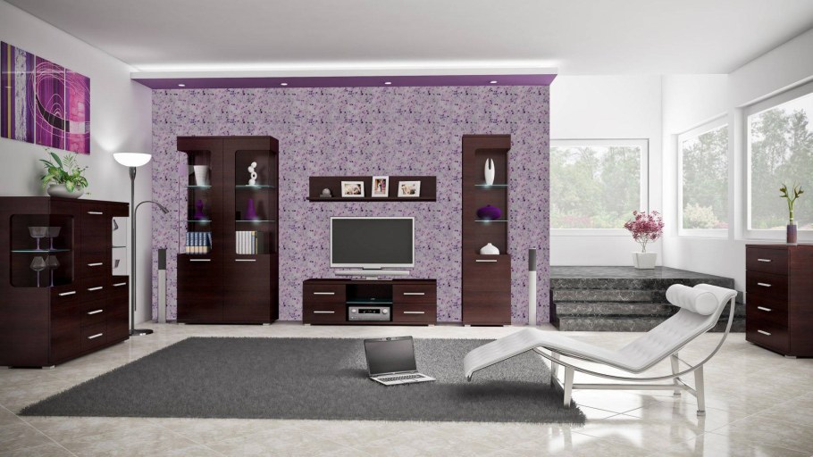 Сиреневые стены с мебелью венге