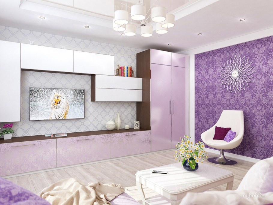 Гостиная в бело фиолетовых тонах