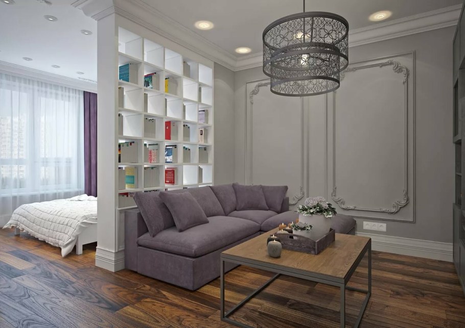 Интерьер гостиной с зонированием