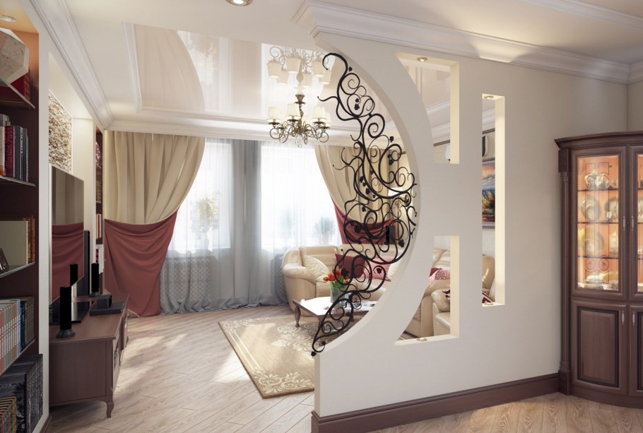 Перегородка из гипсокартона для зонирования комнаты