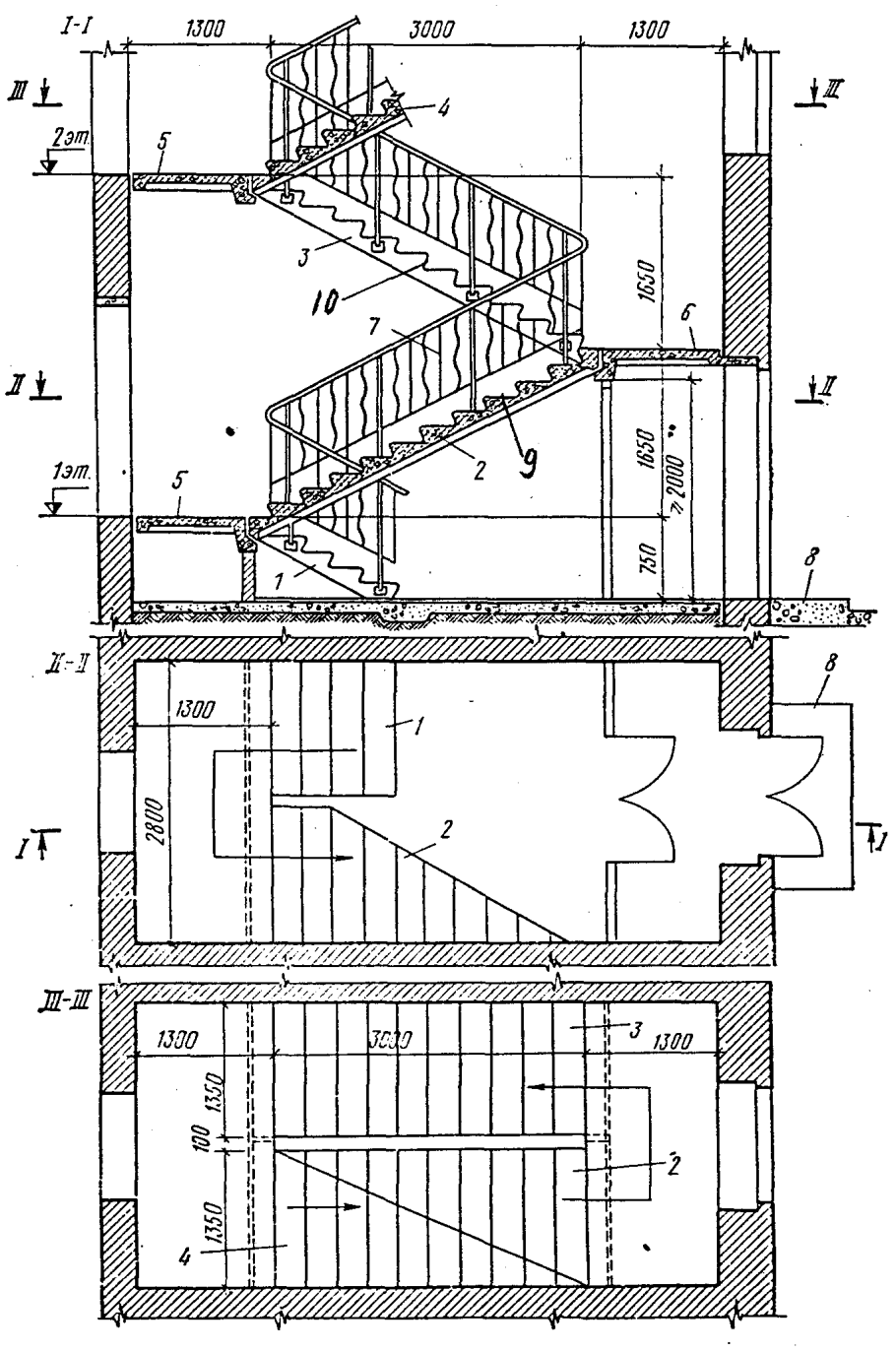 Разрез трехмаршевой лестницы чертеж