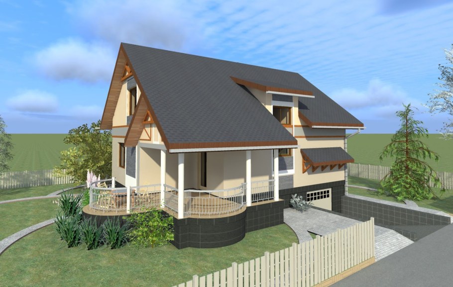 Двухэтажный дом с красной крышей