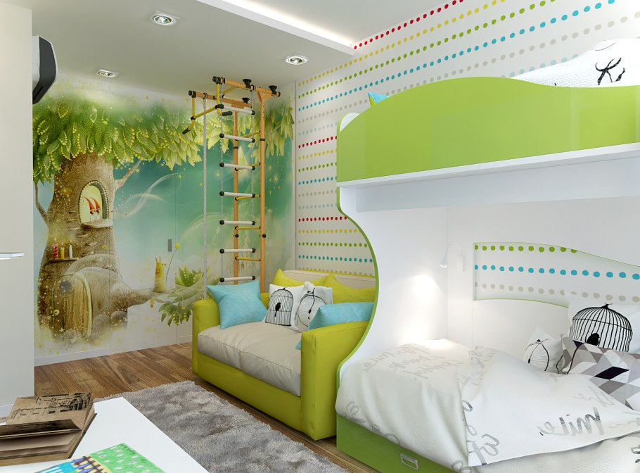 Фотообои в интерьере детской комнаты для двоих детей