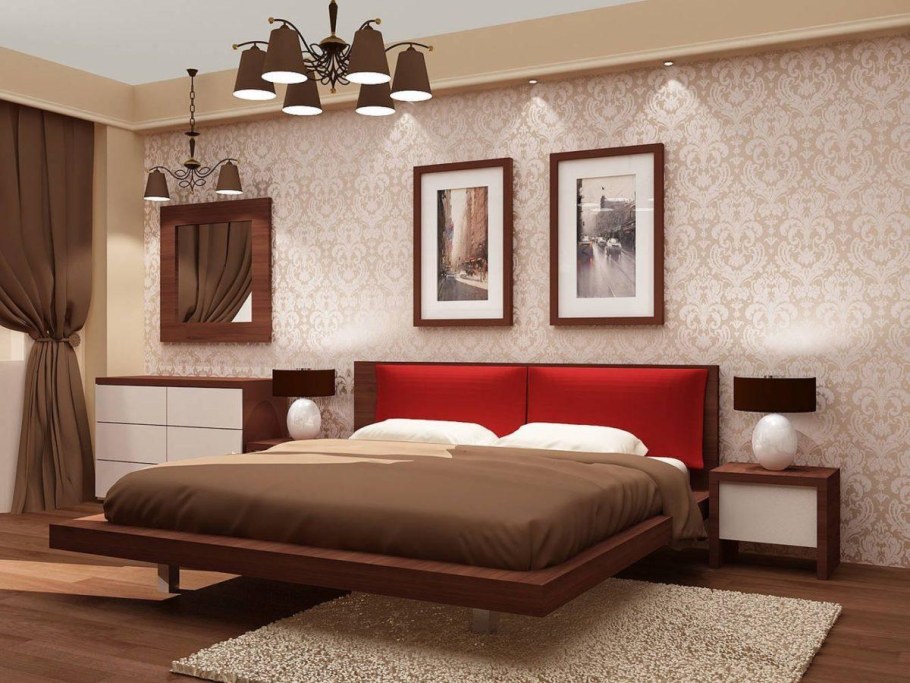 Коричневые обои в интерьере спальни