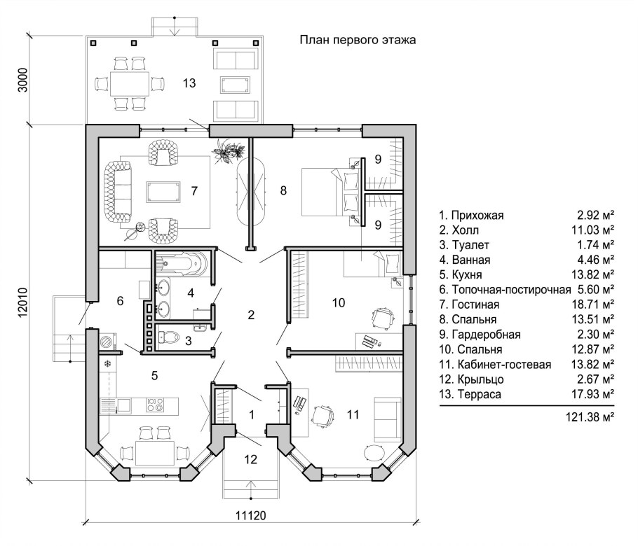 Чертежи одноэтажных домов с двумя эркерами спереди