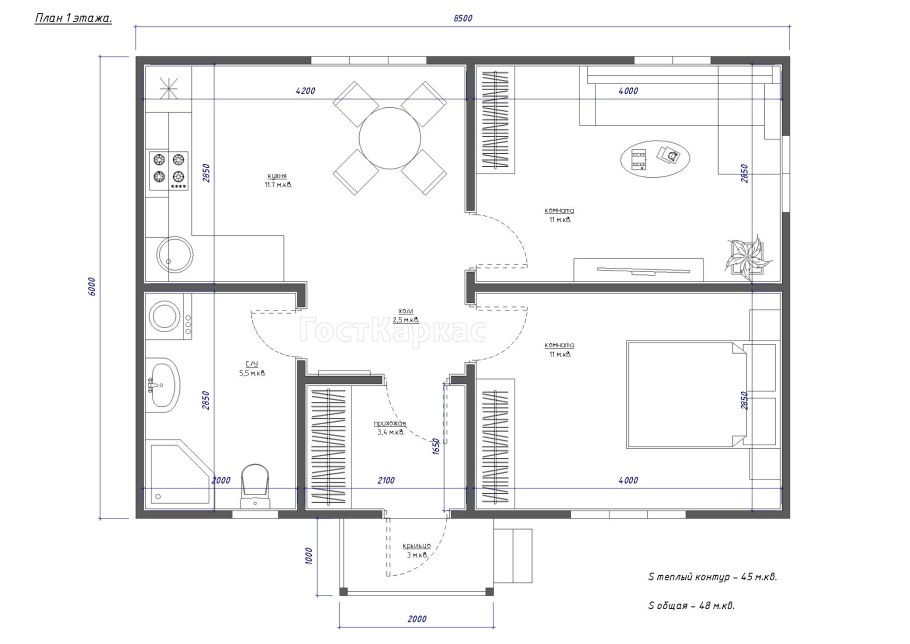 Чертеж каркасного дома 6x8