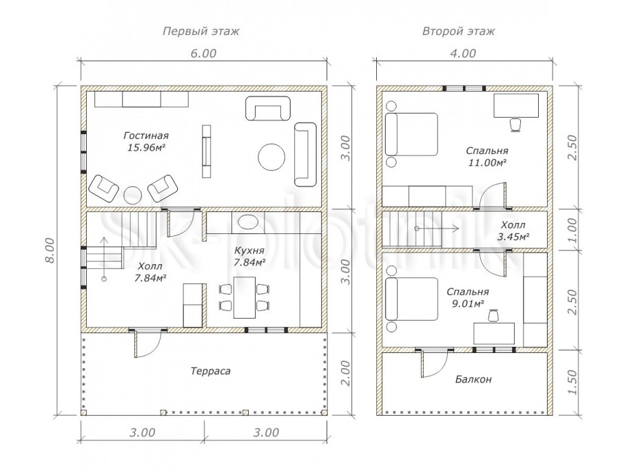 Чертеж каркасного дома 6х9