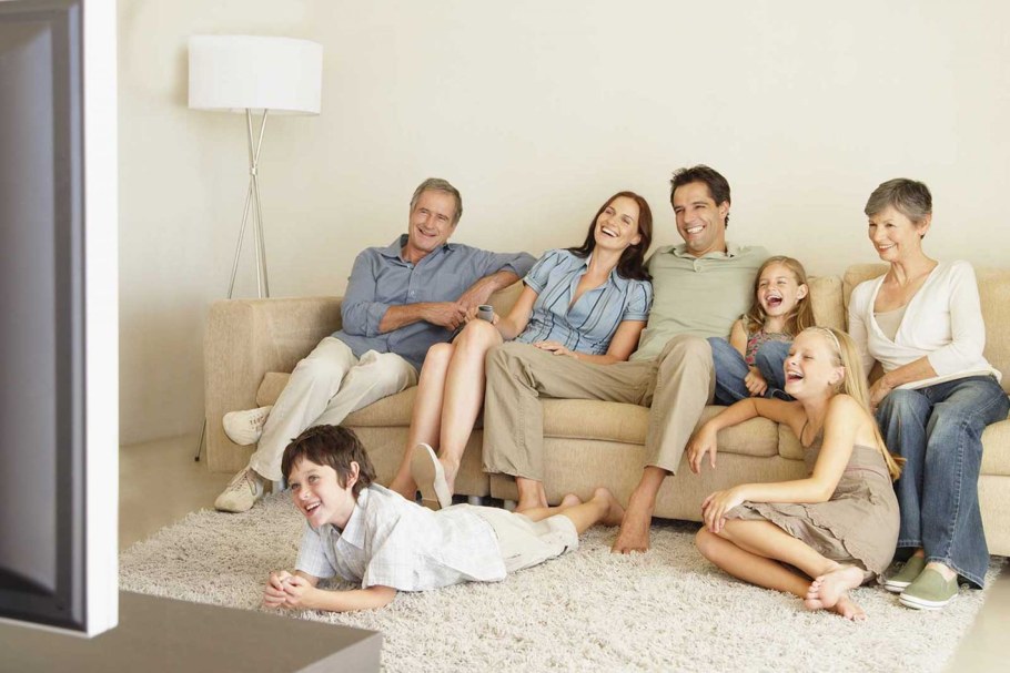 Большая семья сидит на диване