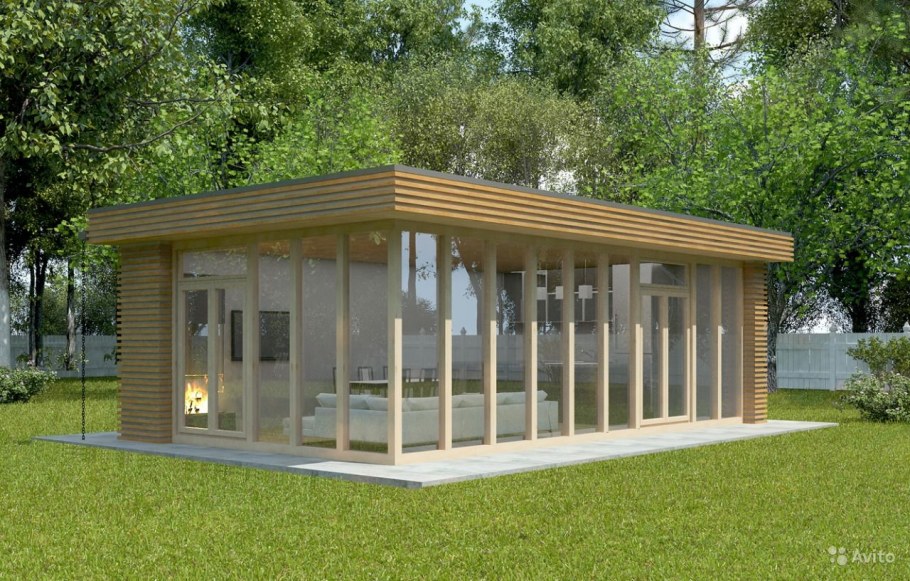Застекленная беседка с односкатной крышей