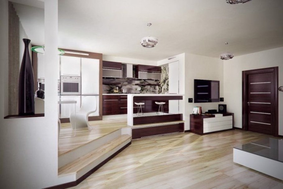 Кухня на подиуме с гостиной