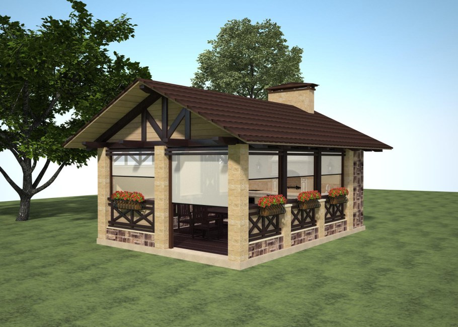 Беседка закрытая с мангальной зоной сбоку