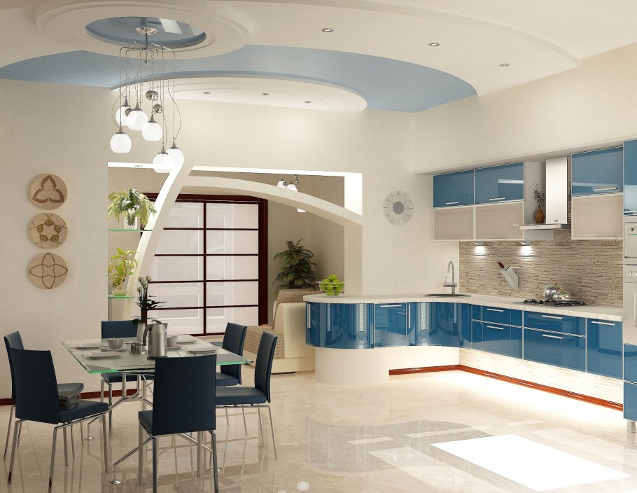 Красный потолок на кухне