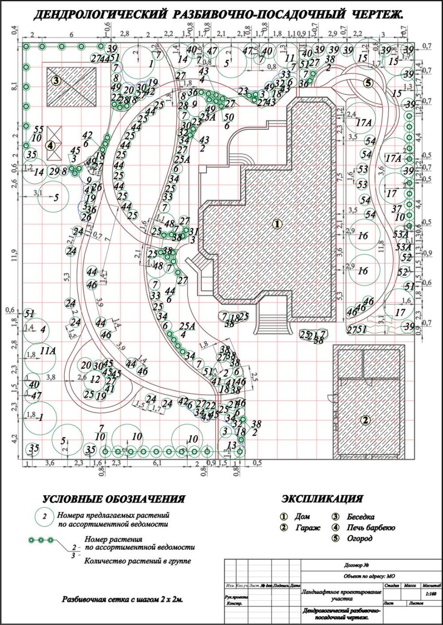 Разбивочно посадочный чертеж ландшафтного проекта