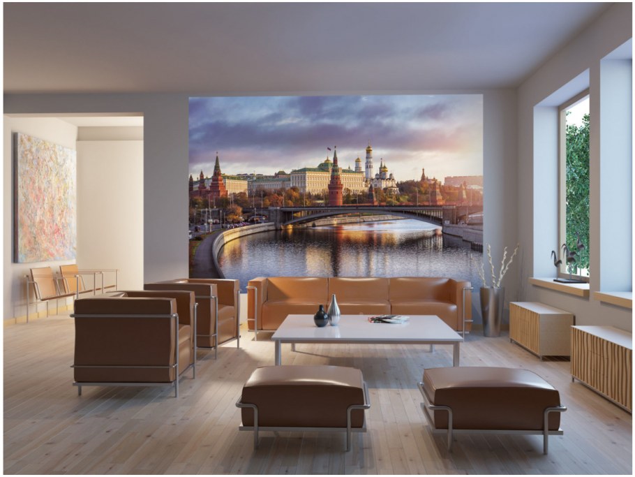 Фотообои город в интерьере кухни