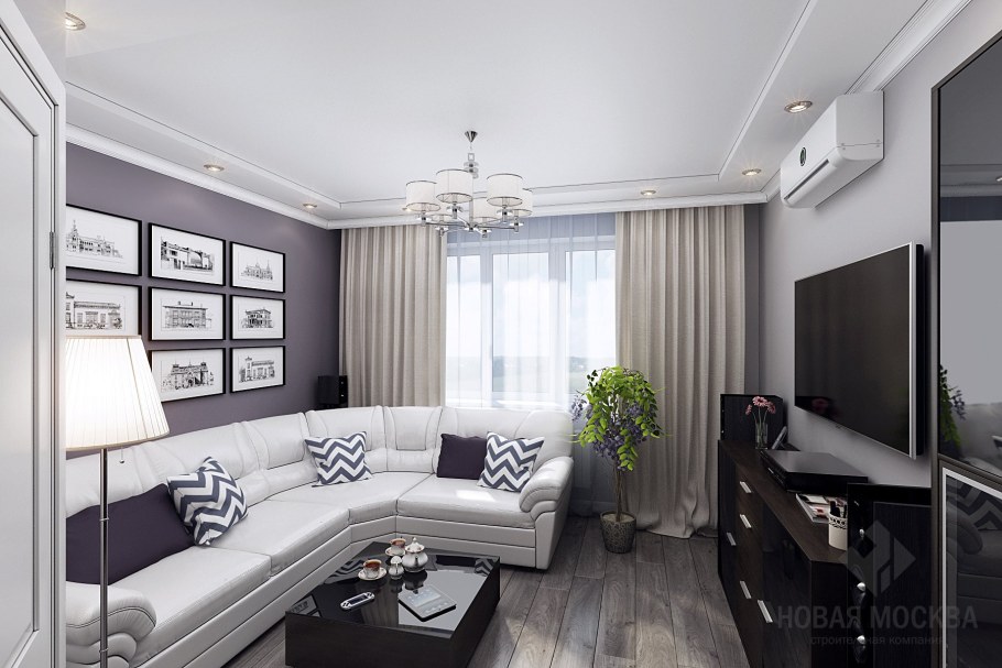 Интерьер прямоугольной гостинной 14 кв.м