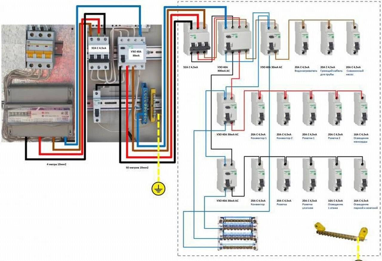 Подключение щитка с автоматами в частном. Распределительный щит в частном доме 3 фазы схема подключения. Схема подключения распределительного щита на 380. Схема щита на 15 КВТ 380в в частном доме. Схема вводного щита 220в.