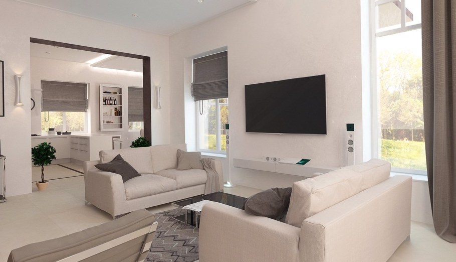 Гостиная с двумя диванами в светлых тонах